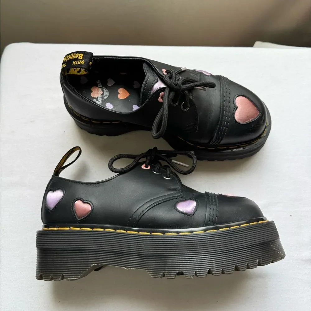 Rare Dr. Martens Black Leather Oxford Shoes with Pink and Orange Heart Size 5